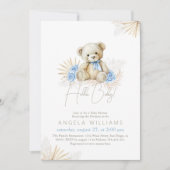 Hallo Baby Teddy Bear Boho Blue Boy Baby shower Kaart (Voorkant)