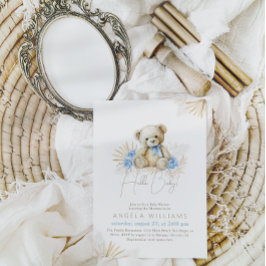 Hallo Baby Teddy Bear Boho Blue Boy Baby shower Kaart