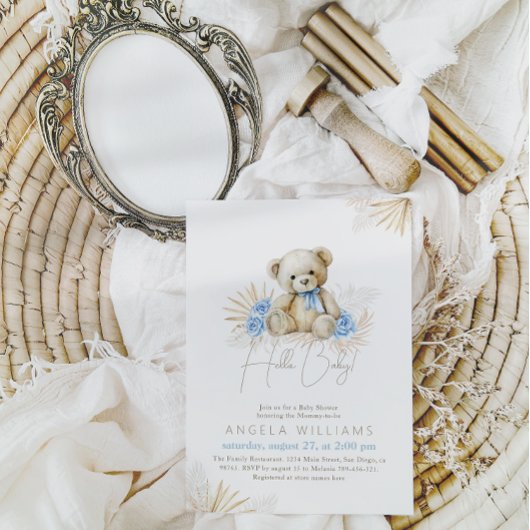 Hallo Baby Teddy Bear Boho Blue Boy Baby shower Kaart