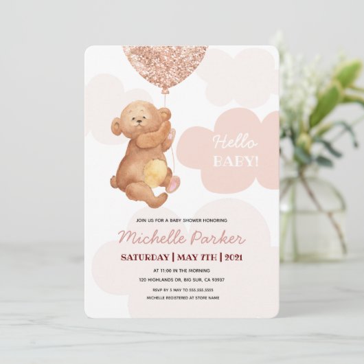 hallo Baby Teddy Bear Pink Clouds Baby shower Kaart (Staand voorkant)