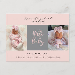 hallo Baby Two Photo Girl Baby Pink Birth Aankondigingskaart