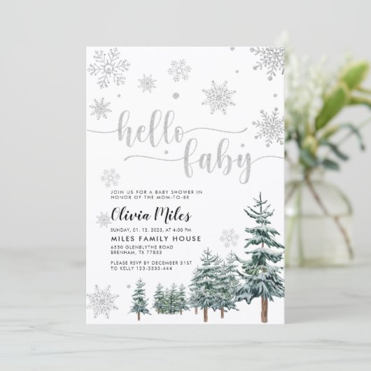 hallo Baby-uitnodiging, zilverwinter baby shower Kaart (Staand voorkant)