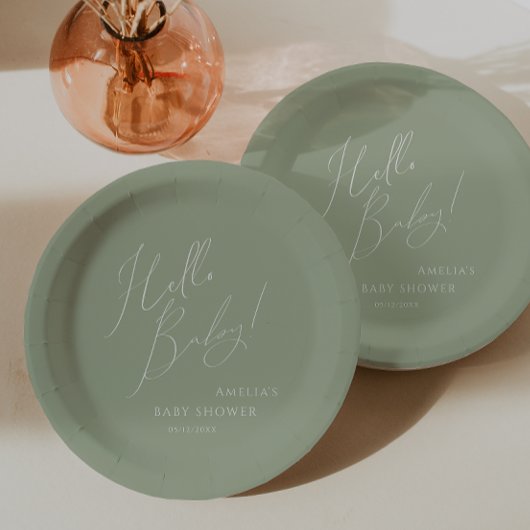Hallo Baby Whimsical Sage Green Baby Shower Papieren Bordje