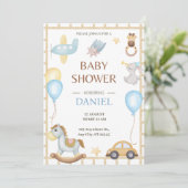 Hallo Baby | Whimsical Toys Baby shower Uitnodigin Kaart (Staand voorkant)