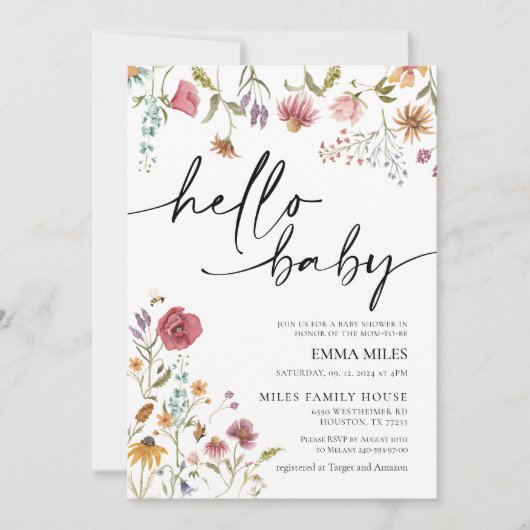 hallo Baby Wildbloem Thema Baby shower Uitnodiging (Voorkant)