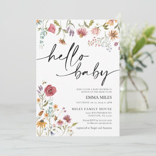 hallo Baby Wildbloem Thema Baby shower Uitnodiging (Staand voorkant)