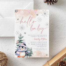 Hallo Baby, Winterpinguïn baby shower roze Kaart