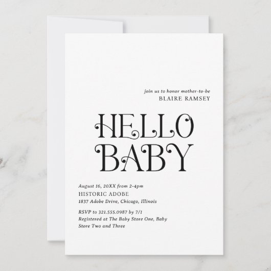 Hallo Baby Zwart Wit Modern Baby shower Kaart (Voorkant)