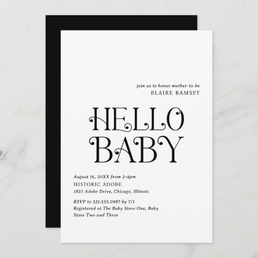 Hallo Baby Zwart Wit Modern Baby shower Kaart (Voorkant / Achterkant)