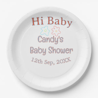 hallo babyshower blauw oranje bloem trendy retro m papieren bordje