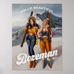 "Hallo Beauful Bozeman" Retro Pinup Ski Art Poster