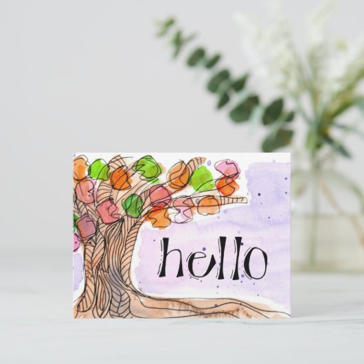 Hallo & Bedankt - Fun Leafy Tree Waterverf Briefkaart (Staand voorkant)