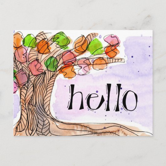 Hallo & Bedankt - Fun Leafy Tree Waterverf Briefkaart (Voorkant)