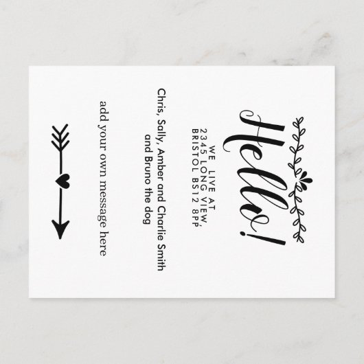 Hallo Bewerkbaar, Nieuw adres, intro Aankondigingskaart (Achterkant)