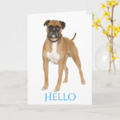 Hallo Blauw? / Hi Boxer Puppy - Bruin & Wit Hond Kaart (Gele Bloem)