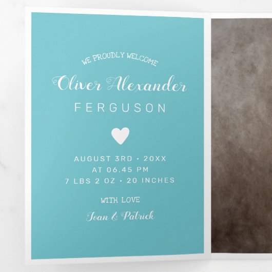 Hallo Blauwe Hart Fotocollage Baby Drieluik Aankondiging (Binnenzijde eerst)