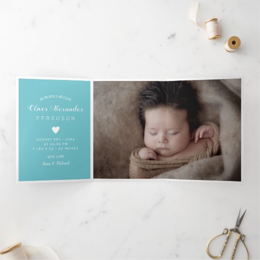 Hallo Blauwe Hart Fotocollage Baby Drieluik Aankondiging (Binnen)