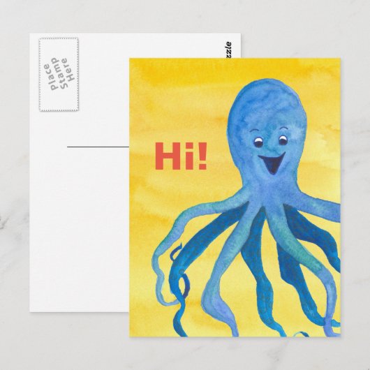 Hallo Blauwe octopus geel Briefkaart (Voorkant / Achterkant)