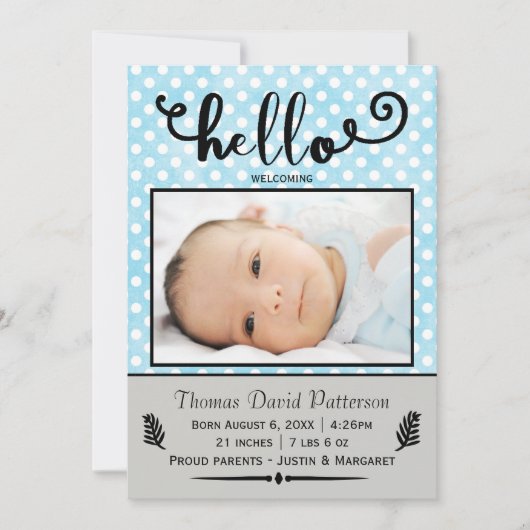 hallo blauwe stippen/grijze foto - Aankondiging ge (Voorkant)