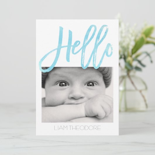 Hallo Blauwe Waterverf 3-Foto | geboorteaankondigi Aankondiging (Staand voorkant)