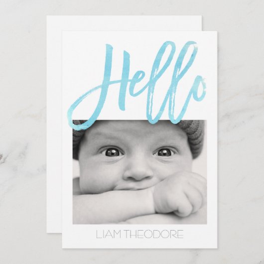 Hallo Blauwe Waterverf 3-Foto | geboorteaankondigi Aankondiging (Voorkant / Achterkant)