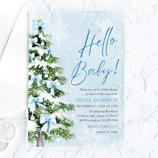 Hallo Blue Bows Kerstboom Baby Baby shower Acryl Uitnodigingen