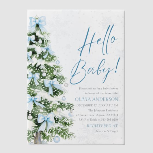 Hallo Blue Bows Kerstboom Baby Baby shower Vellum Uitnodigingen (Voorkant)