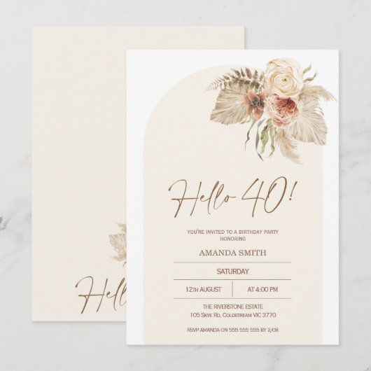 Hallo Boho Boog Bloemen Pampas Grass 40 Verjaardag Kaart (Voorkant / Achterkant)