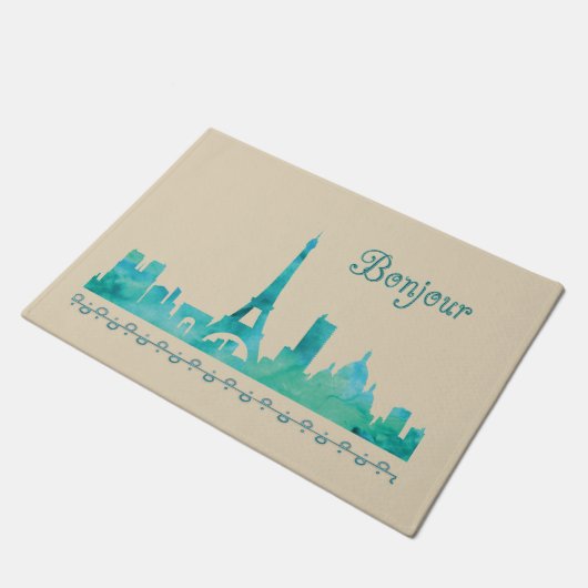 hallo Bonjour Paris Frankrijk Waterverf Silhouette Deurmat (Schuin)