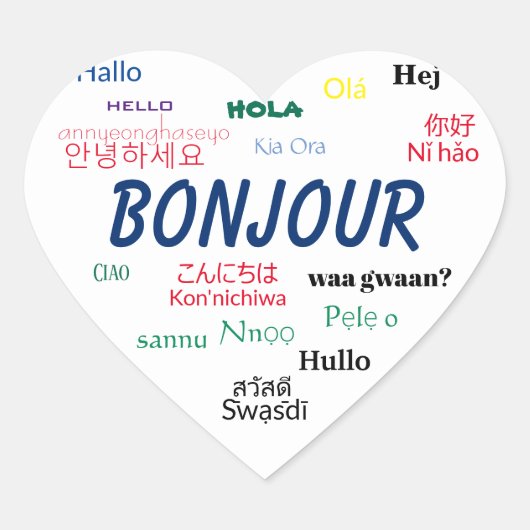 Hallo Bonjour Talen Wereld Reizen Kleurrijk Hart Sticker (Voorkant)