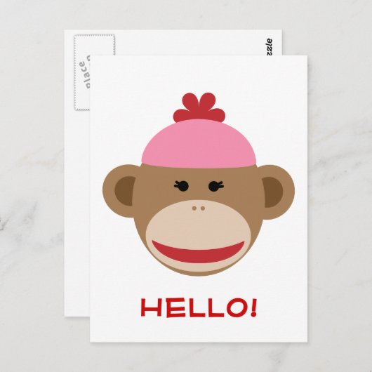 hallo briefkaart girl sock monkey (Voorkant / Achterkant)