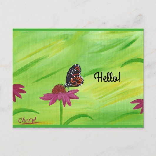 Hallo Briefkaart Monarchvlinder op roze bloem (Voorkant)