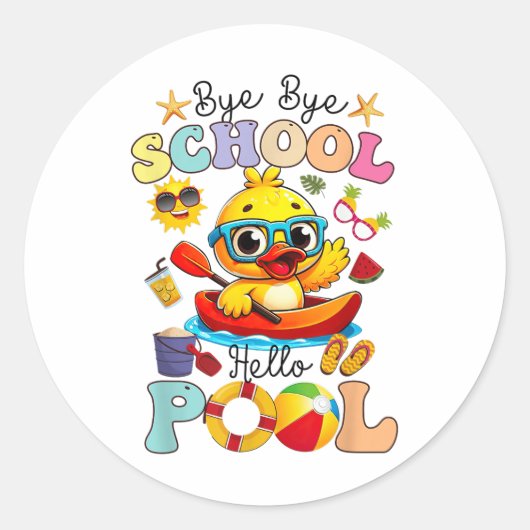 Hallo Bye Bye School Zwembad Zomer Break Grappig E Ronde Sticker (Voorkant)