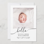 Hallo Chic Script Elegant Photo Baby Aankondiging (Voorkant)