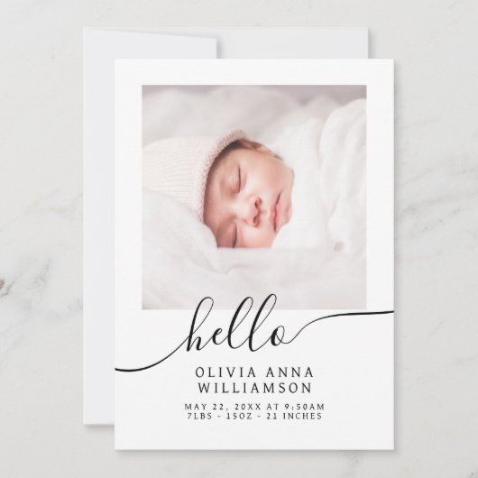 Hallo Chic Script Elegant Photo Baby Aankondiging (Voorkant)
