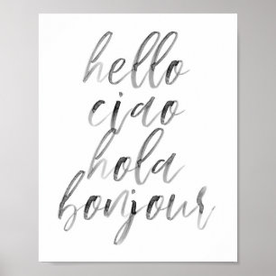 hallo CIao Hola Bonjour Waterverf Script Poster