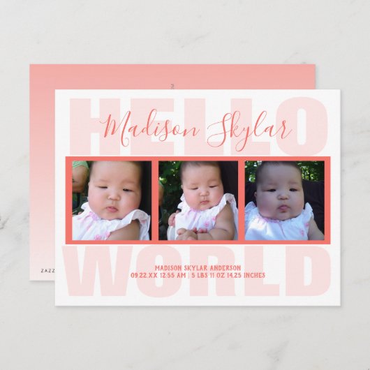 Hallo Coral Script > Wereldtypografie 3 Foto Aankondigingskaart (Voorkant / Achterkant)