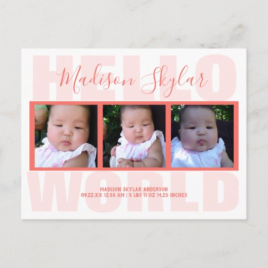 Hallo Coral Script > Wereldtypografie 3 Foto Aankondigingskaart (Voorkant)