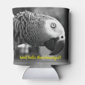 Hallo daar mooi - een griezelige grijze papegaai blikjeskoeler (Achterkant)