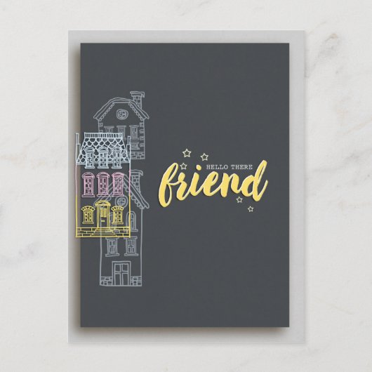 hallo daar vriend over de milde gele tekst briefkaart (Voorkant)