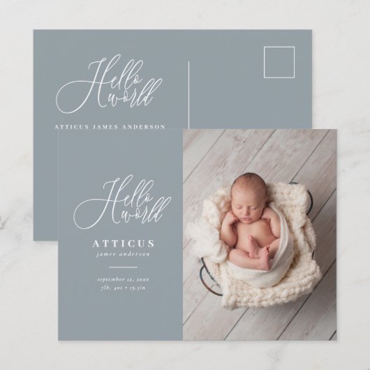 hallo de geboorteaankondiging van het wereldscript aankondigingskaart (Voorkant / Achterkant)