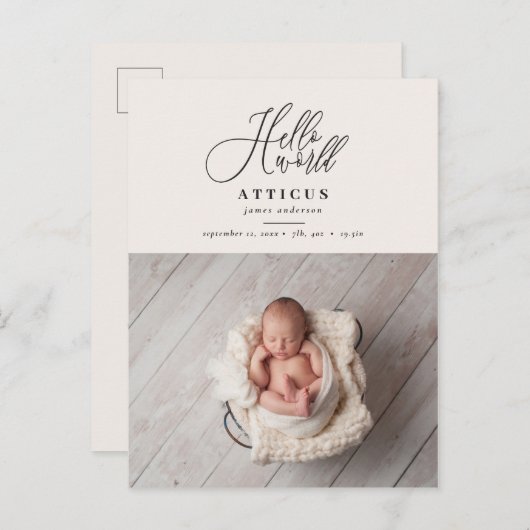 hallo de geboorteaankondiging van het wereldscript aankondigingskaart (Voorkant / Achterkant)