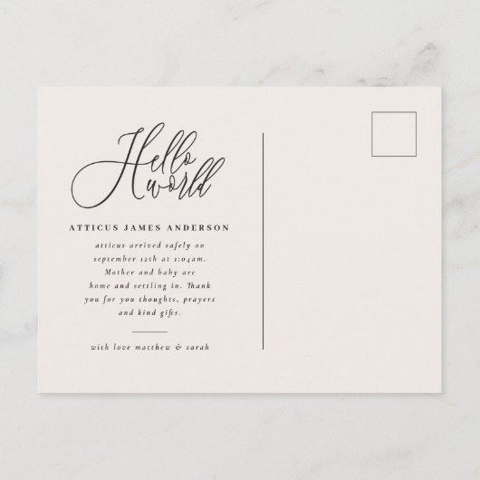 hallo de geboorteaankondiging van het wereldscript aankondigingskaart (Achterkant)