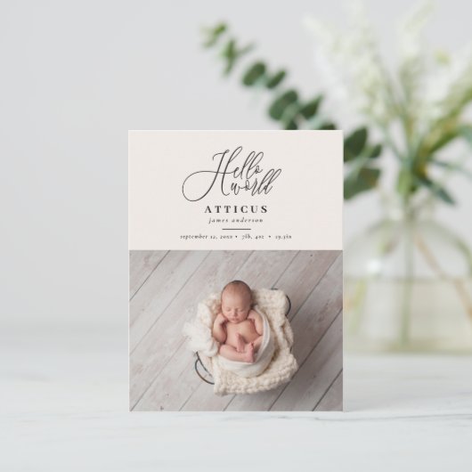 hallo de geboorteaankondiging van het wereldscript aankondigingskaart (Staand voorkant)