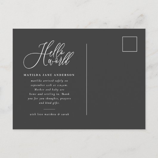 hallo de geboorteaankondiging van het wereldscript aankondigingskaart (Achterkant)