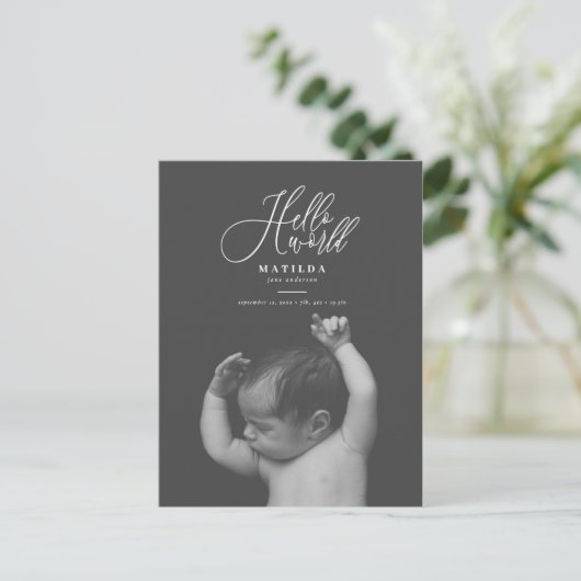 hallo de geboorteaankondiging van het wereldscript aankondigingskaart (Staand voorkant)