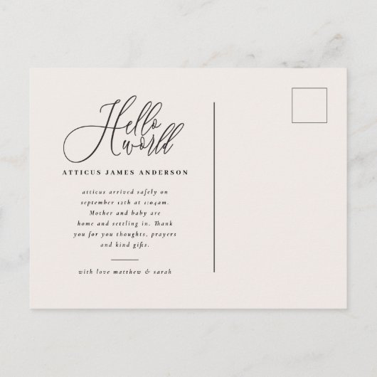 hallo de geboorteaankondiging van het wereldscript aankondigingskaart (Achterkant)