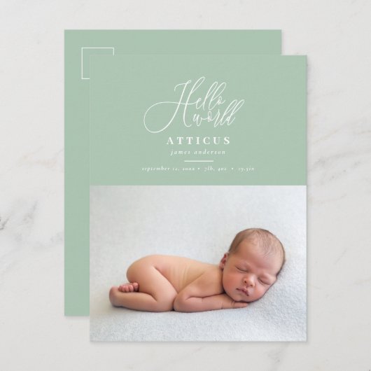 hallo de geboorteaankondiging van het wereldscript aankondigingskaart (Voorkant / Achterkant)