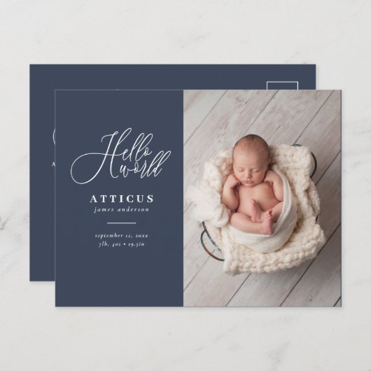 hallo de geboorteaankondiging van het wereldscript aankondigingskaart (Voorkant / Achterkant)