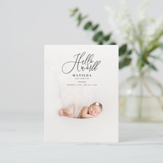 hallo de geboorteaankondiging van het wereldscript aankondigingskaart (Staand voorkant)